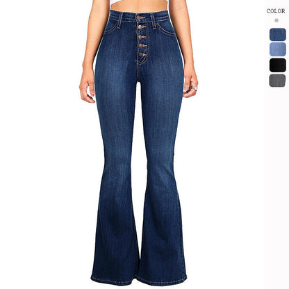 Damen Highwaist Flare Jeans Dekorative Knöpfe Schwarz Eveloria - Eveloria