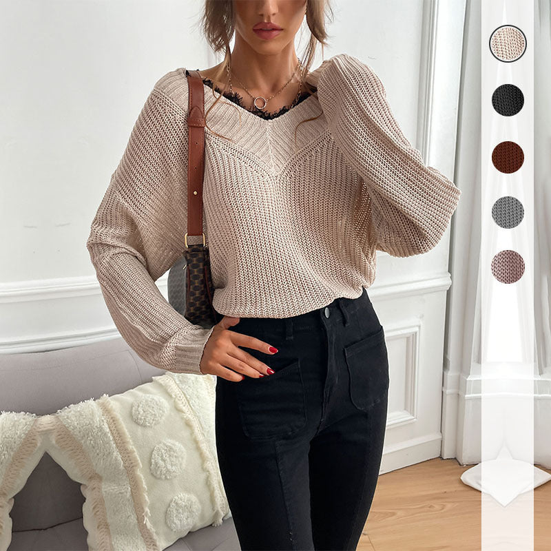 Damen Strickpullover V-Ausschnitt Locker Passform Beige - Eveloria