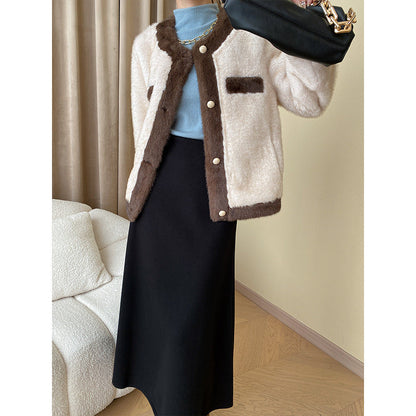 Damen Bouclé-Jacke Kuschelig Dekorative Knöpfe Beige