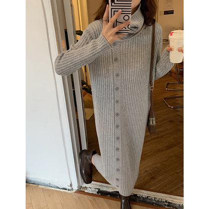 Damen Strickkleid Weiter Rollkragen Durchgehende Knopfleiste