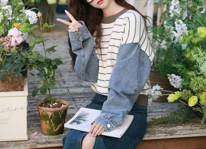 Damen Sweater mit Denim-Ärmeln Blau Eveloria