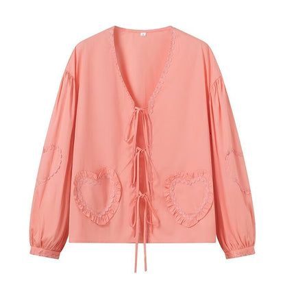 Damen Bluse mit Herz-Applikationen Rüschendetails