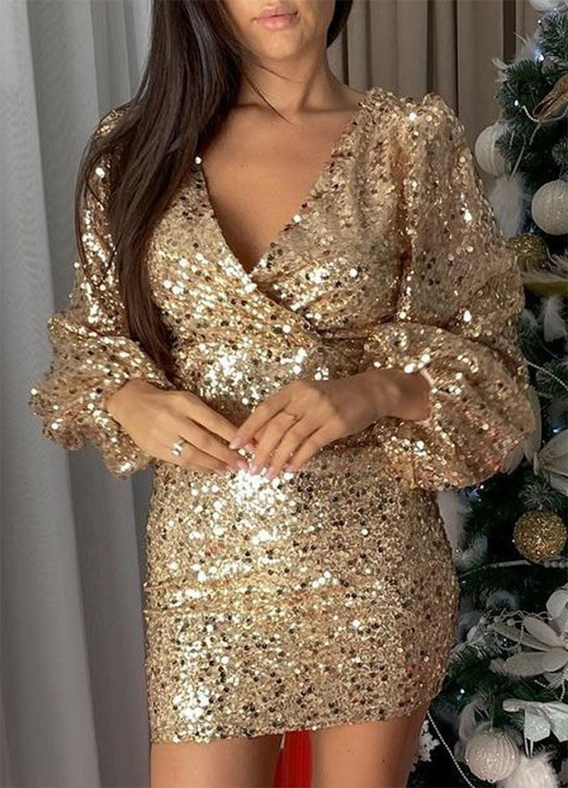 Damen Paillettenkleid V-Ausschnitt Puffärmel Eveloria