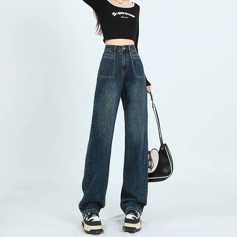 Damen Weite Denim-Hose Hohe Taschen Eveloria