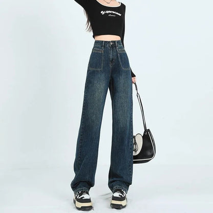 Damen Weite Denim-Hose Hohe Taschen Eveloria