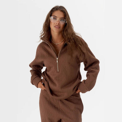 Damen Fleece-Loungewear-Set mit Reißverschluss Rippstruktur Eveloria