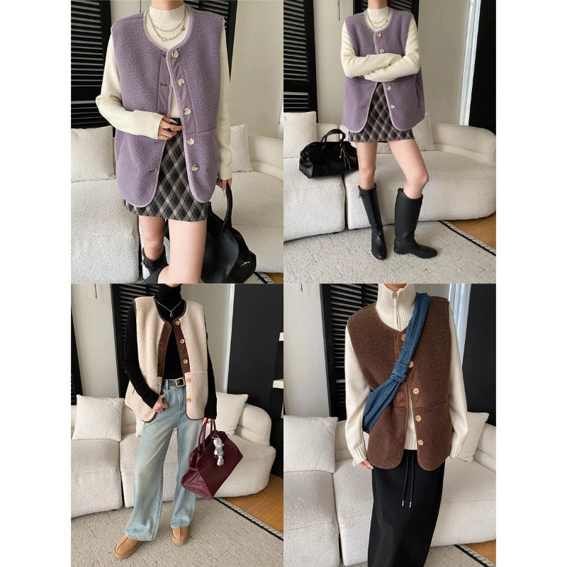 Damen Fleece-Weste mit Knöpfen und hohem Kragen