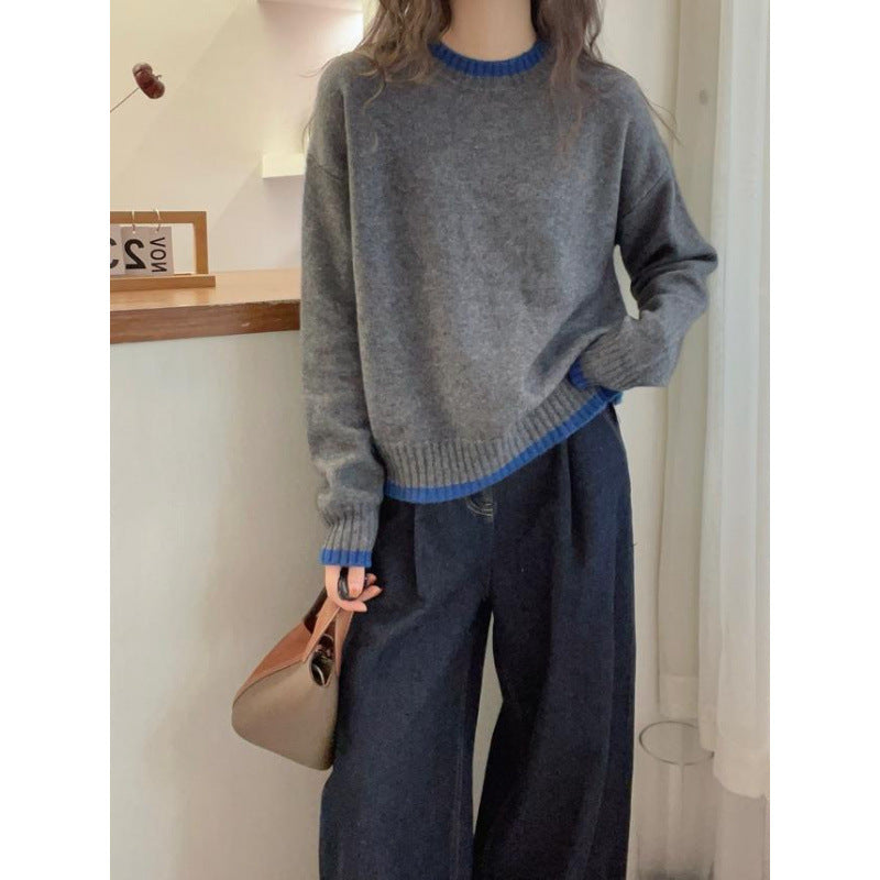 Damen Strickpullover Weich Kontrastbündchen