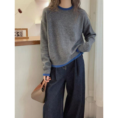 Damen Strickpullover Weich Kontrastbündchen