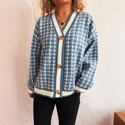 Damen Strickjacke Klassisches Hahnentritt Muster Große Knöpfe