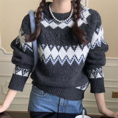 Damen Strickpullover Rundhals Gemustert Komfortschnitt - Eveloria