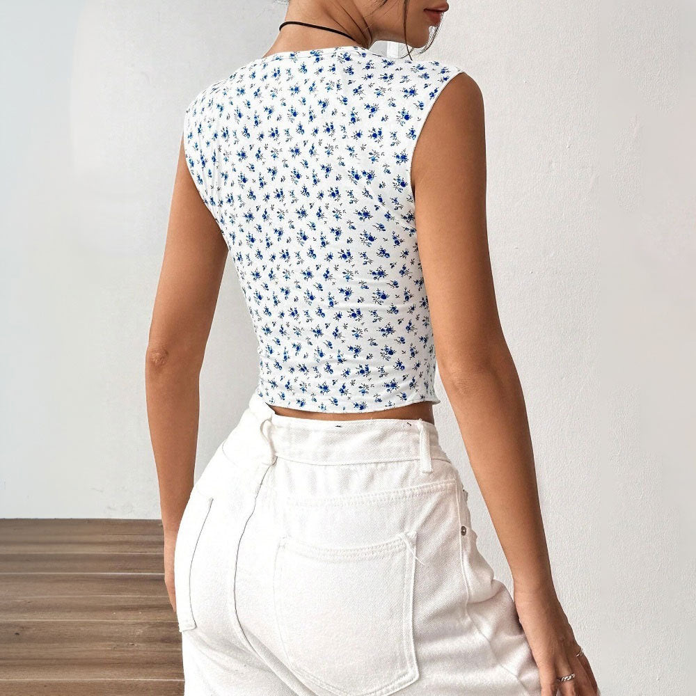 Damen Crop- Florales Muster Raffungsdetails Eveloria