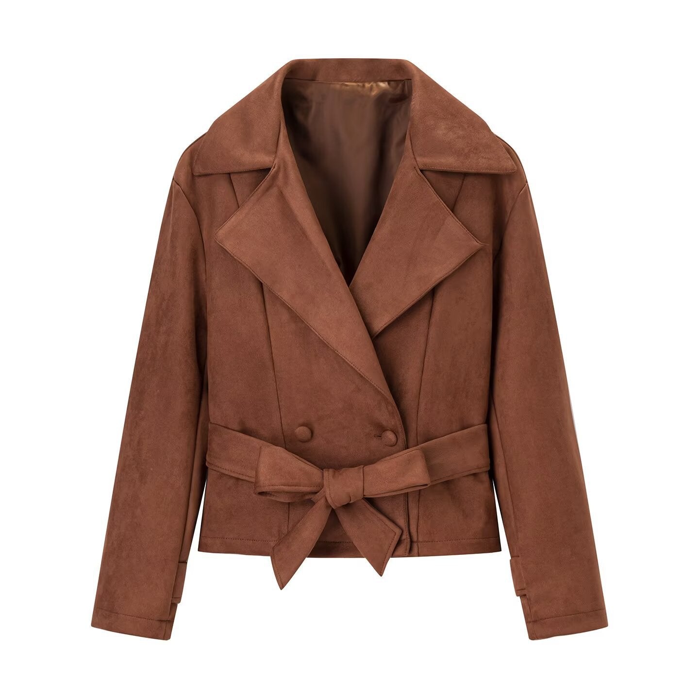Damen Wildlederjacke Mit Gürtel Tailliert Braun - Eveloria