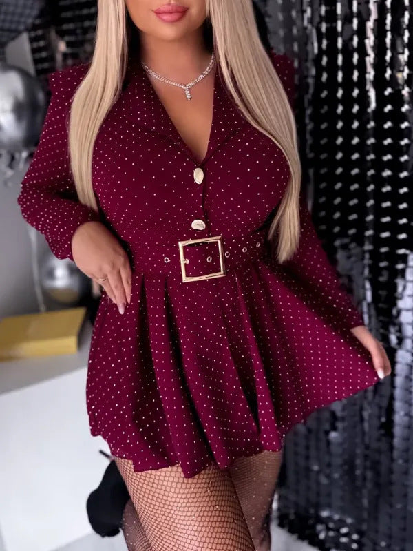 Damen Hemdblusenkleid mit Gürtel Punkte-Muster Eveloria