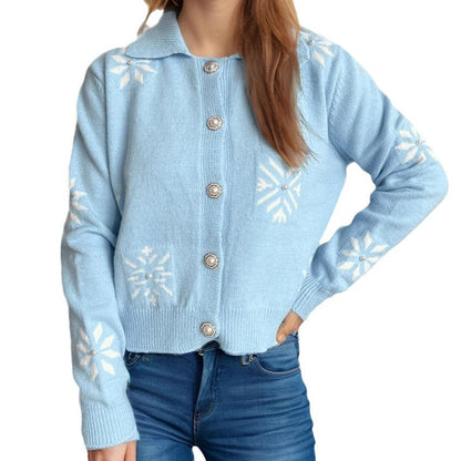 Damen Strickjacke mit Schneeflocken Applikationen und Knöpfen