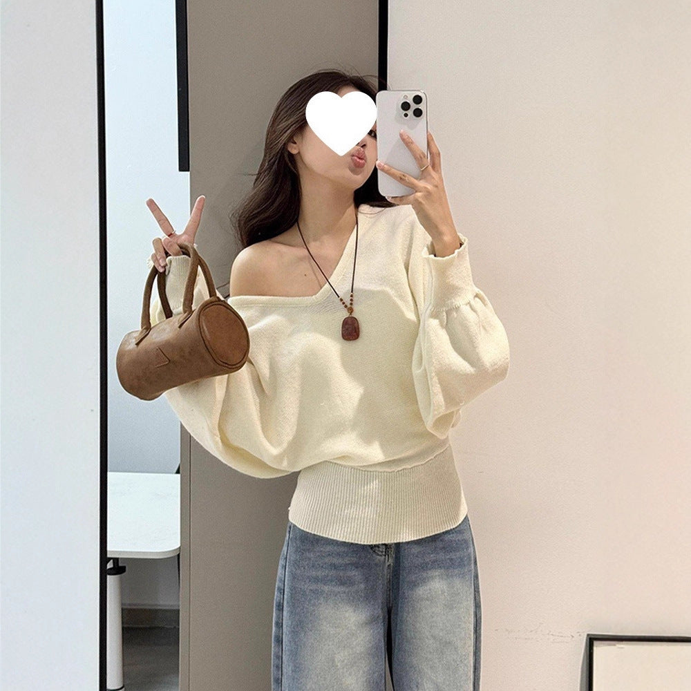 Damen Pullover V-Ausschnitt Taillengürtel Beige