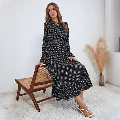 Damen Maxikleid mit Punkten Taillierbarer Gürtel Eveloria