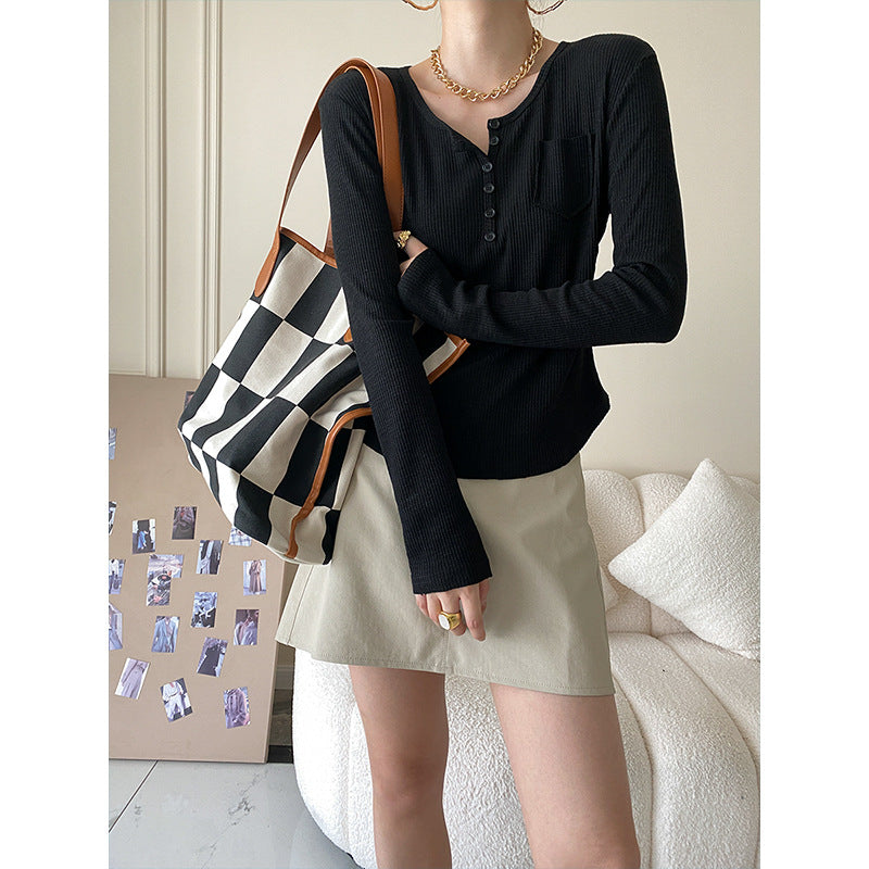 Damen Langarmshirt Rippstruktur Knöpfe Beige