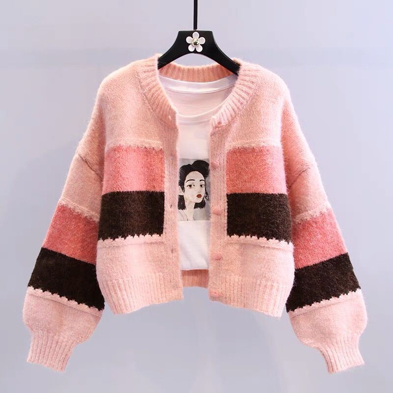 Damen Strickjacke Kontraststreifen Weiß