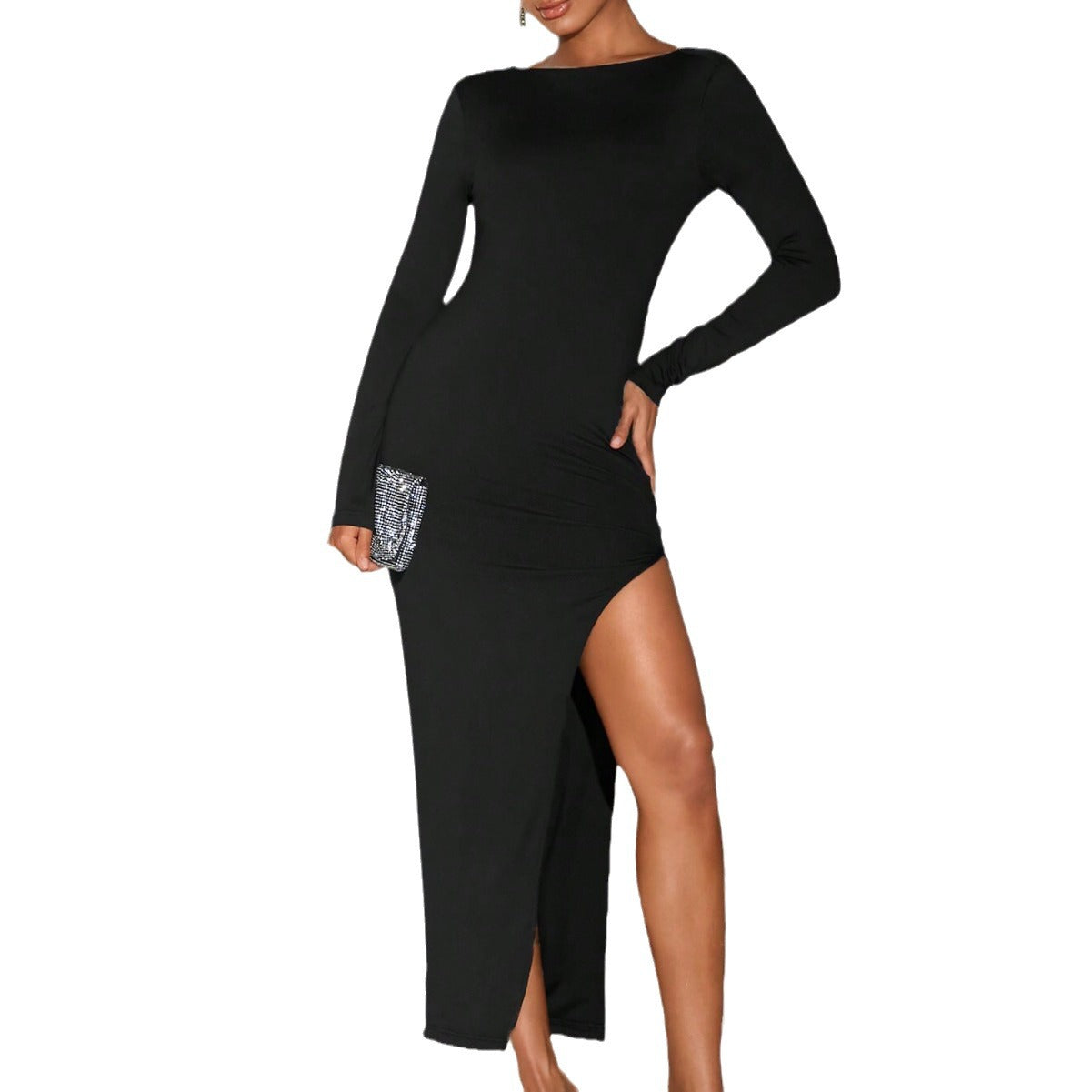 Damen Maxikleid Langarm Elegant Schlitz Eveloria