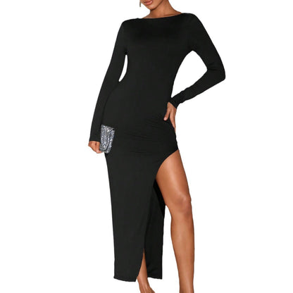 Damen Maxikleid Langarm Elegant Schlitz Eveloria