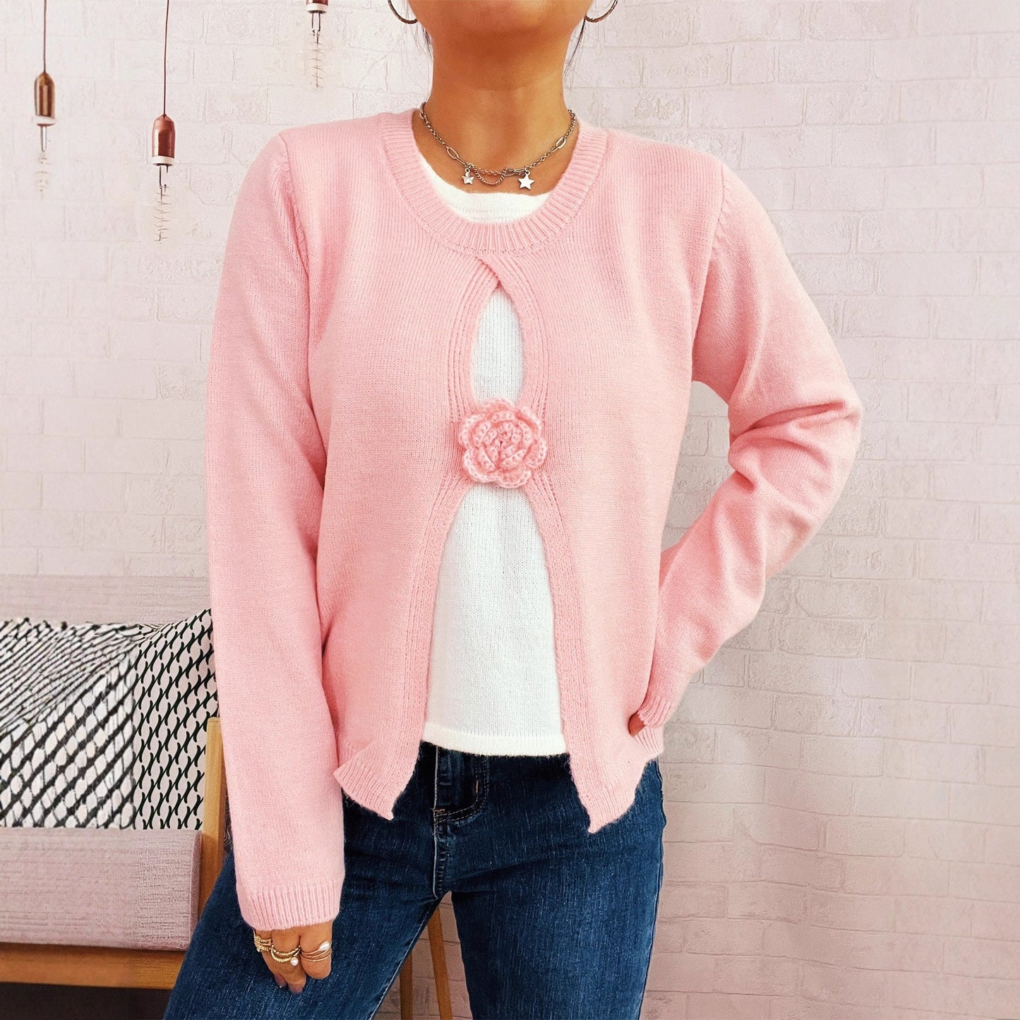 Damen Strickjacke Florales Design Luxusknöpfe Eveloria