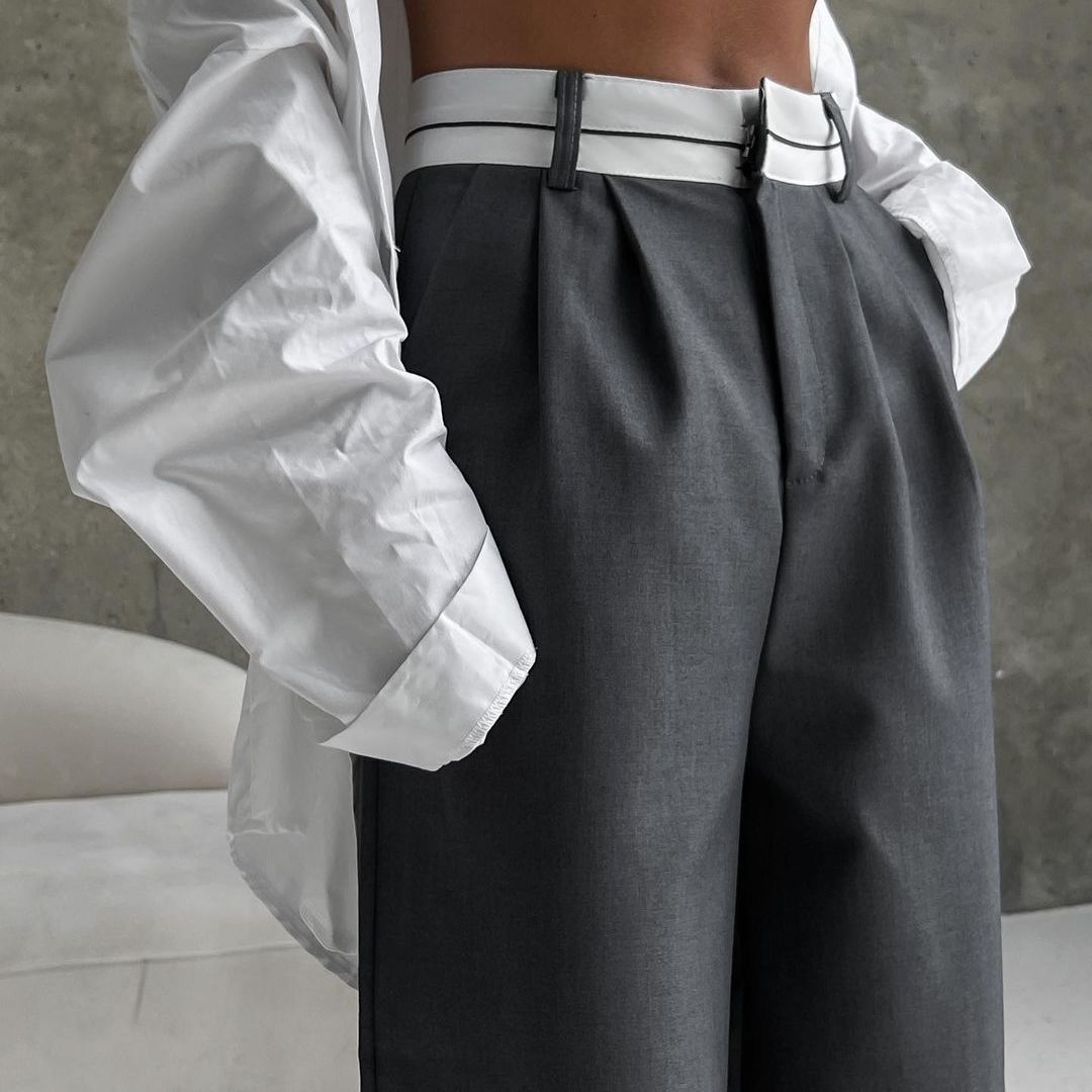Damenweite Stoffhose Elastischer Bund Kontrastgürtel