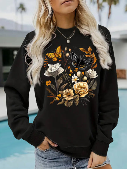 Damen Sweatshirt Floraler Druck Lässig Beige