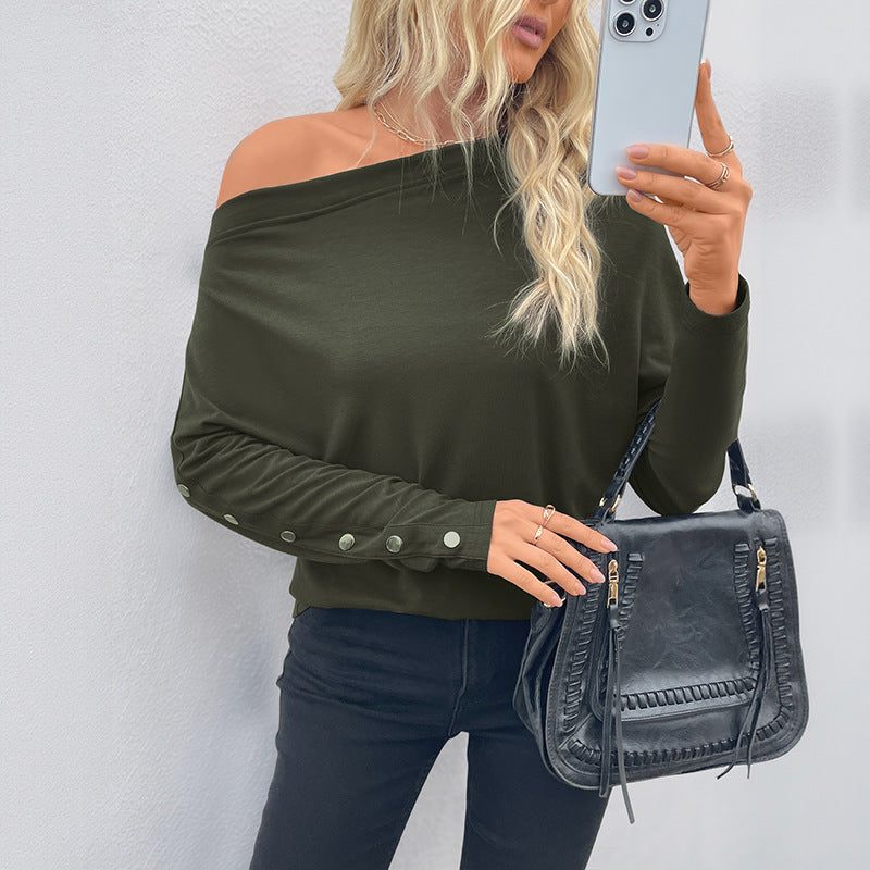 Damen Oversized Langarmshirt Asymmetrischer Ausschnitt Feine Knöpfe