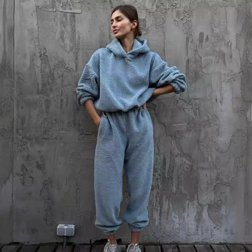 Damen Fleece-Loungewear-Set Elastischer Bund Hoher Kragen Grau