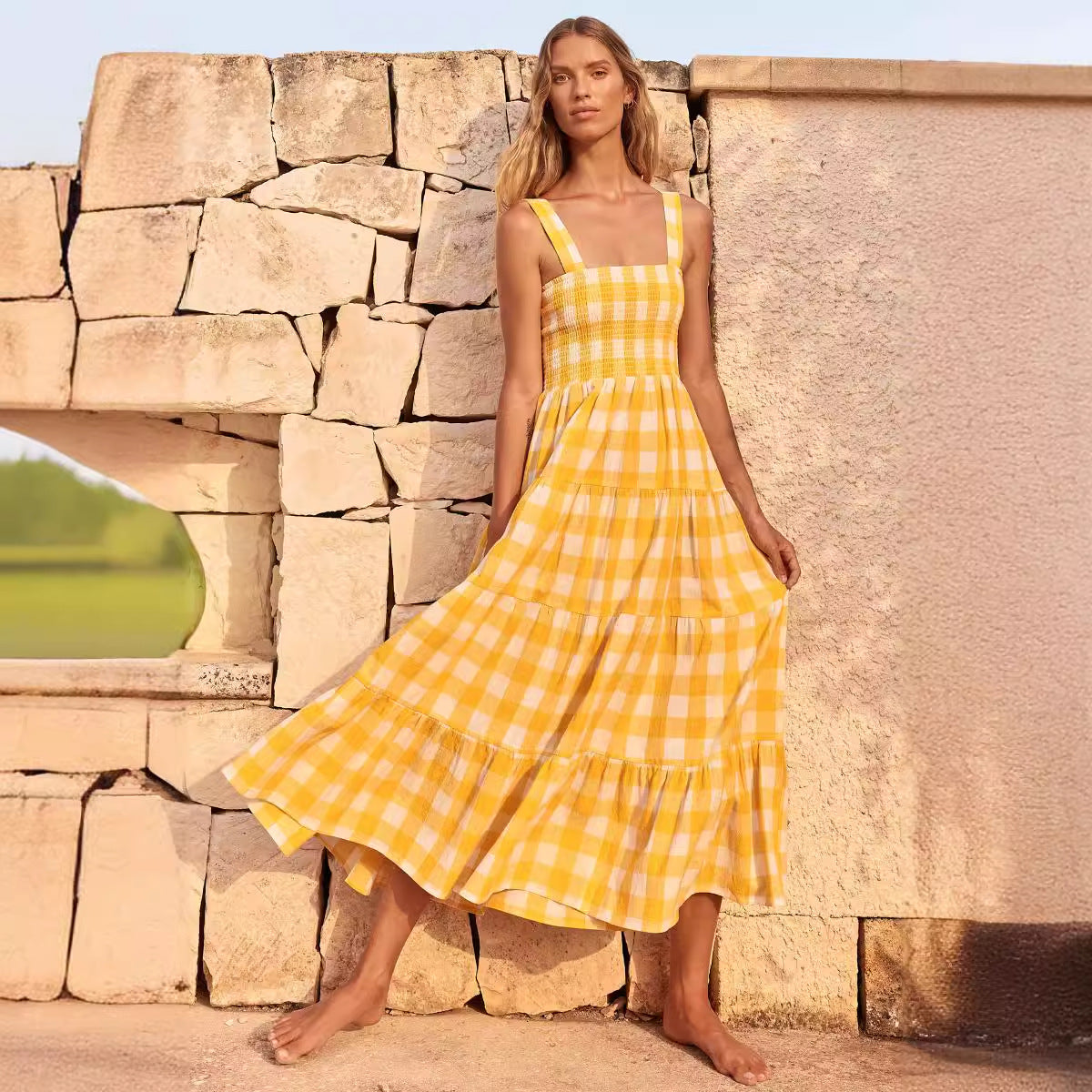 Damen Maxikleid Karomuster Fließender Schnitt Sommerlich Eveloria