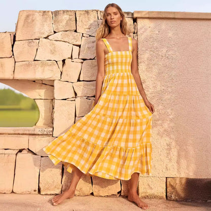 Damen Maxikleid Karomuster Fließender Schnitt Sommerlich Eveloria