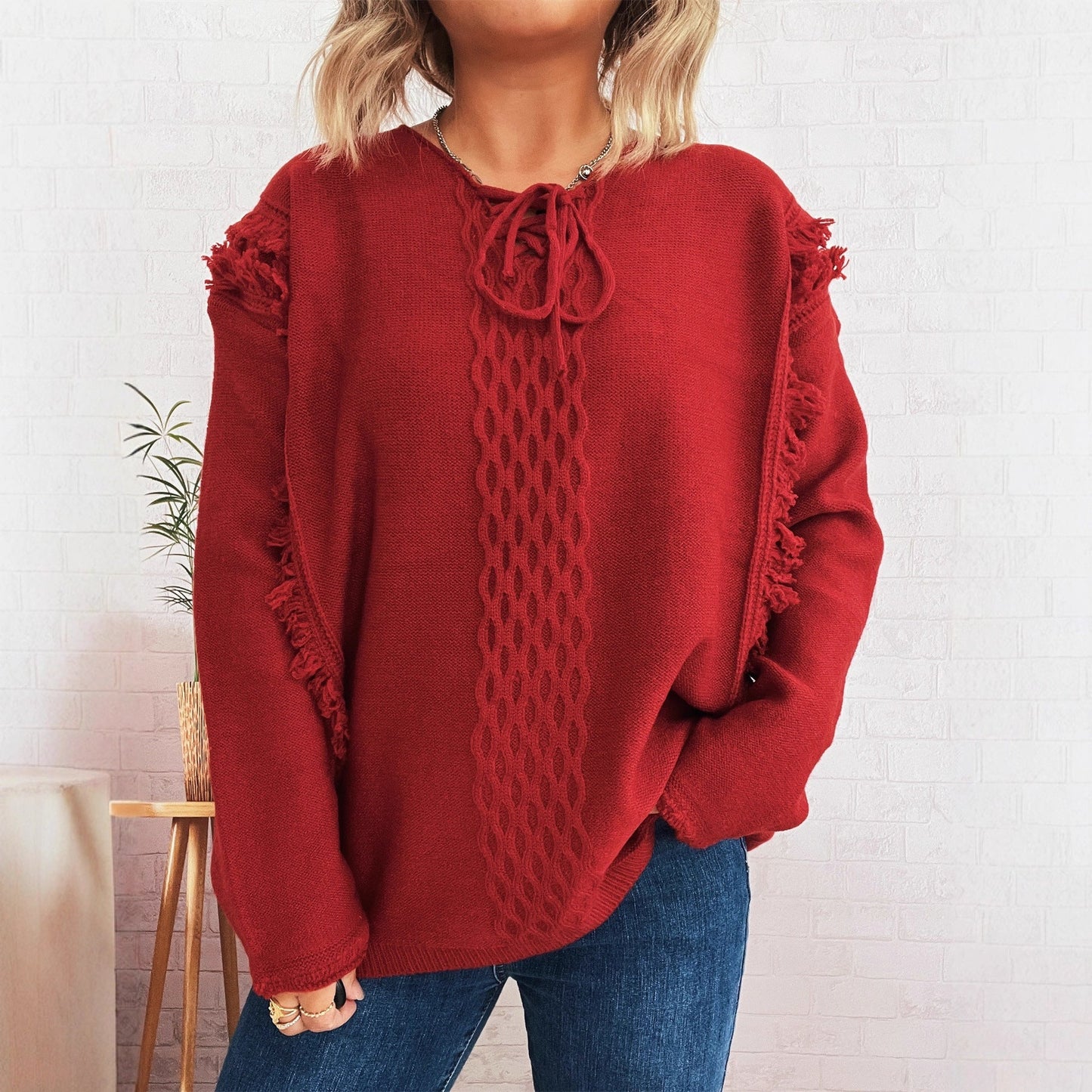 Damen Grobstrickpullover Lässige Fransen Zopfdesign Beige