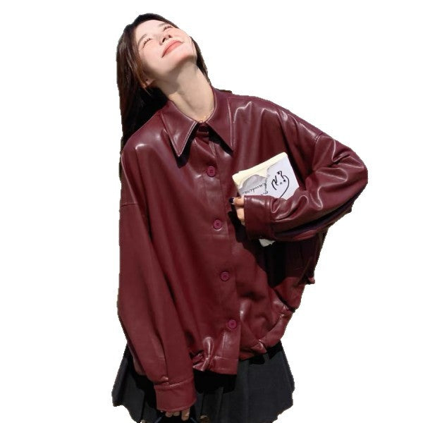 Damen Oversized Kunstlederjacke mit Taschen und