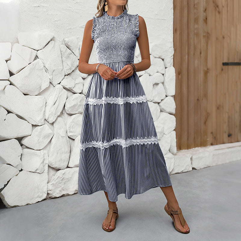 Damen Maxikleid Gestreift Voluminöse Rüschen Weiss