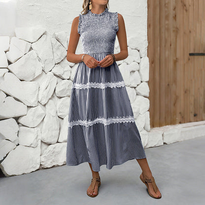Damen Maxikleid Gestreift Voluminöse Rüschen Weiss