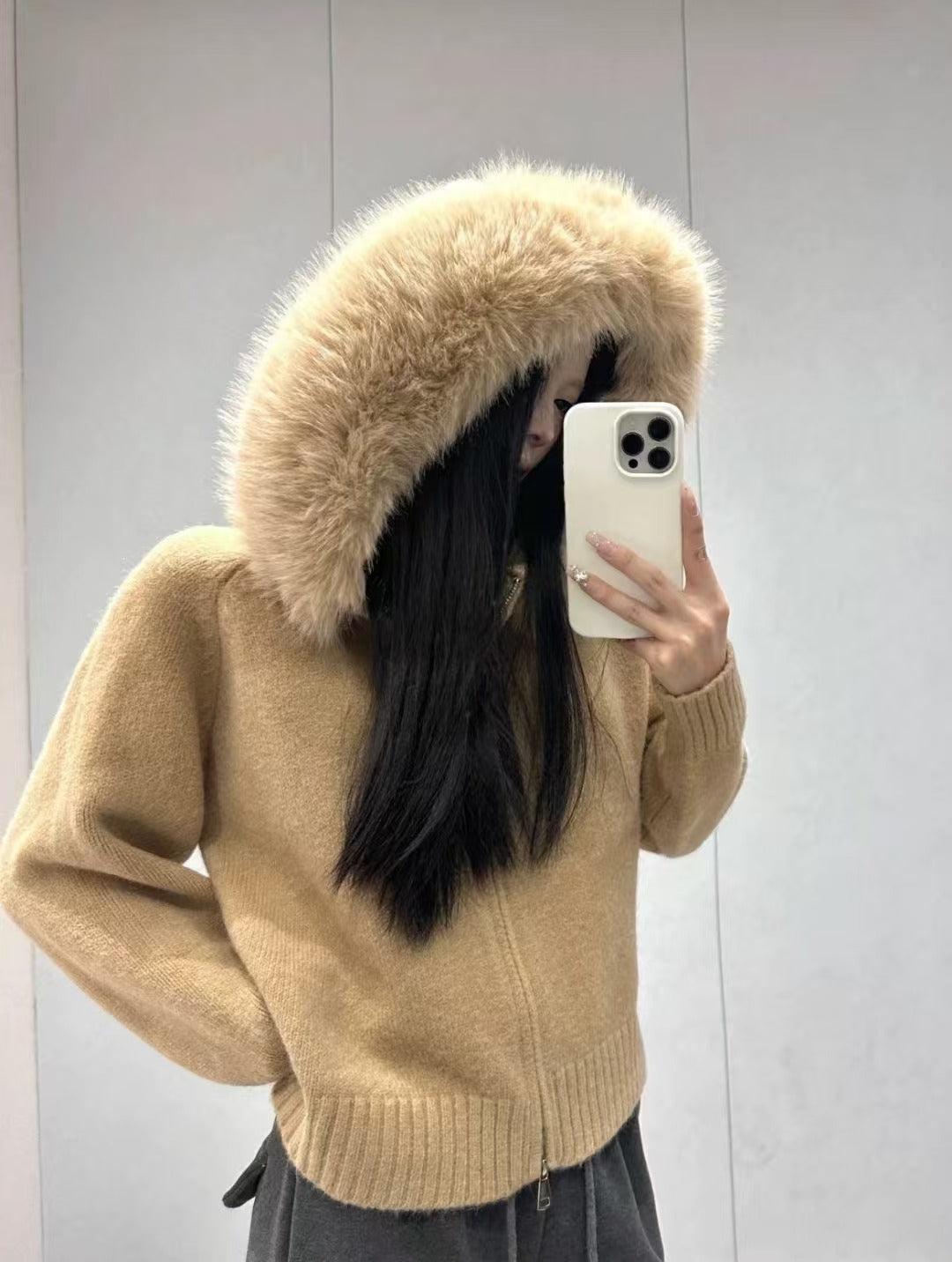 Damen Strickjacke Weich Kapuze Abnehmbar Beige Eveloria