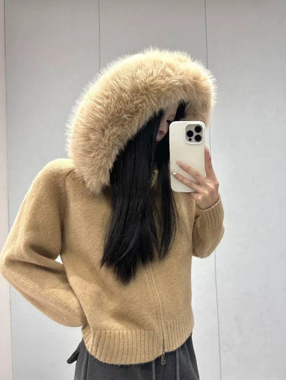 Damen Strickjacke Weich Kapuze Abnehmbar Beige Eveloria