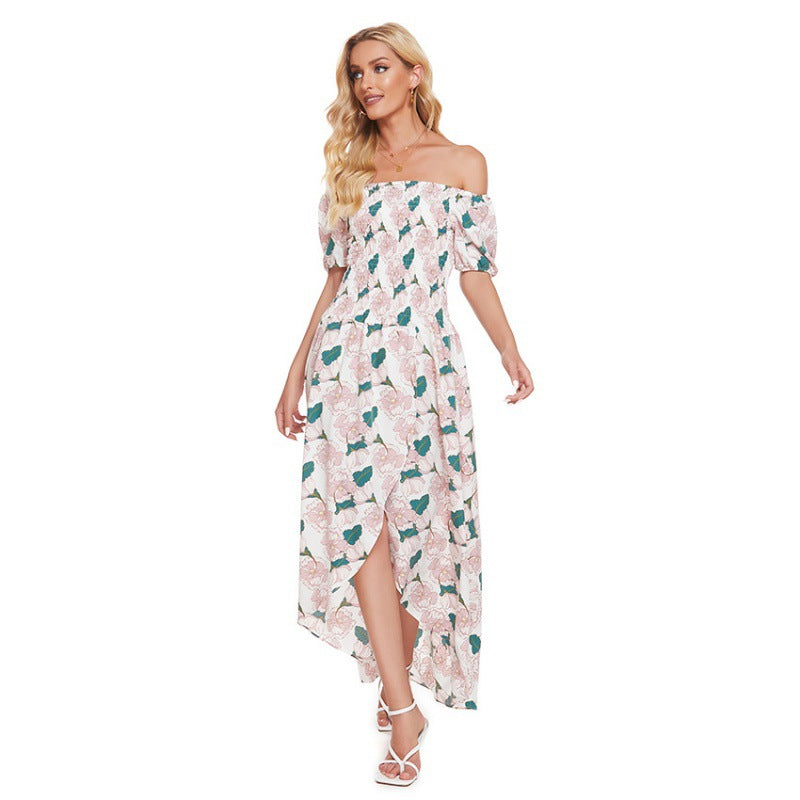 Damen Maxi-Kleid Schulterfrei Floralmuster Rüschen Dunkelblau