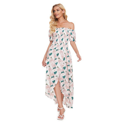 Damen Maxi-Kleid Schulterfrei Floralmuster Rüschen Dunkelblau