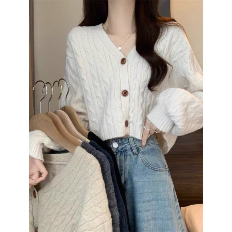 Damen Grobstrick-Cardigan Knöpfe V-Ausschnitt Beige