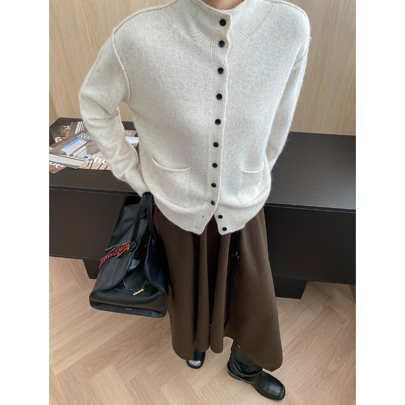 Damen Strickjacke Kuschelig Mit Taschen Knopfverschluss Beige