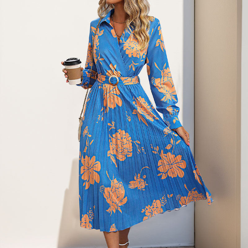 Damen Maxikleid Blumenmuster Taillengürtel Eveloria