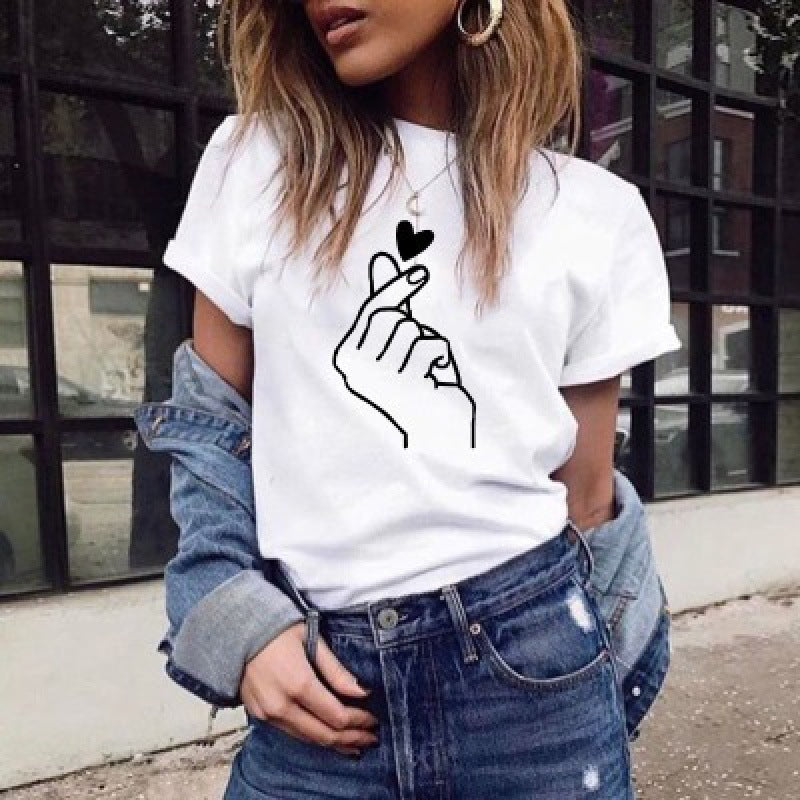Damen T-Shirt Herzmotiv Locker Passform Weiß