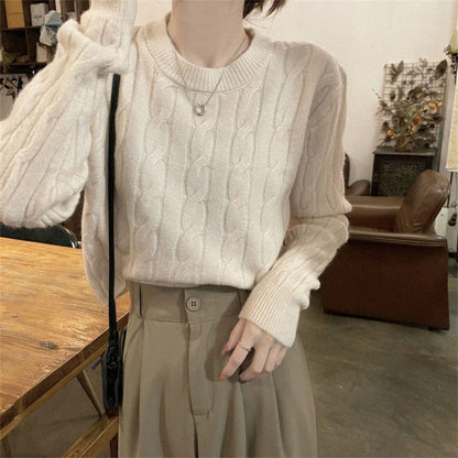 Damen Grobstrickpullover Strukturiertes Zopfmuster Lässig Beige - Eveloria