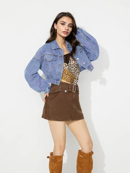 Damen Cropped Jeansjacke Voluminöse Ärmel Blau