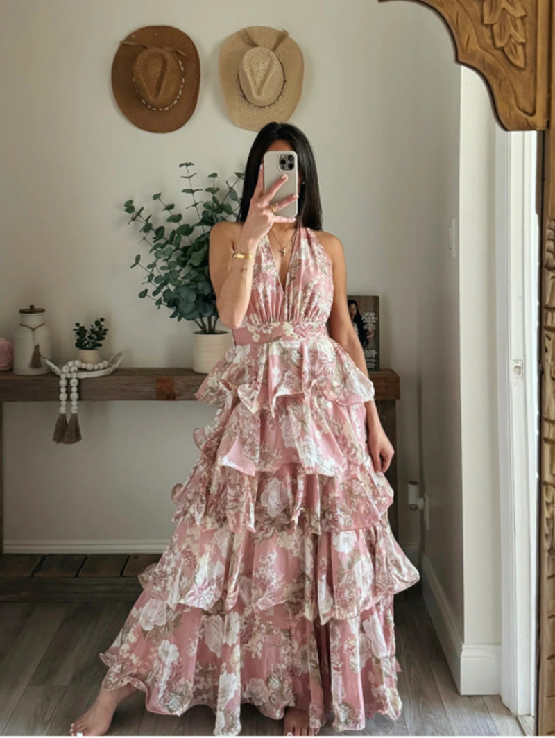 Damen Maxikleid Floraler Druck Mit Volants