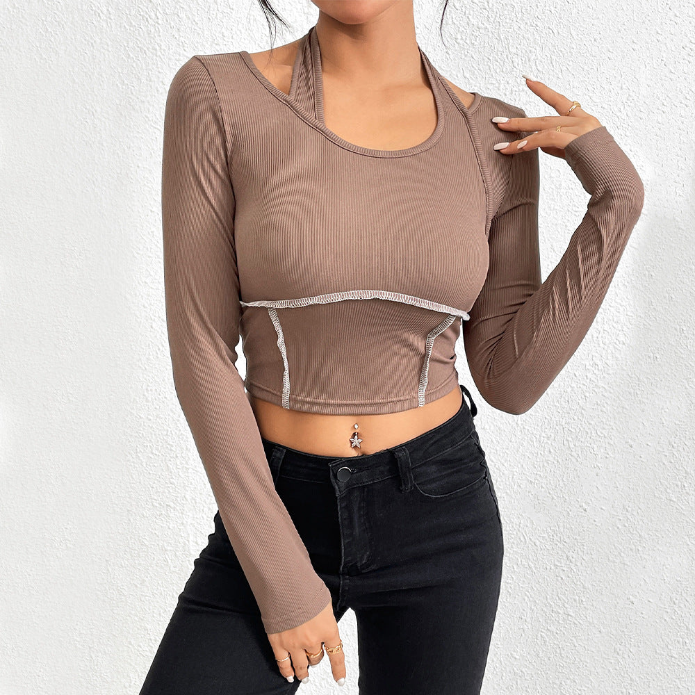 Damen Cropped Langarmshirt Twist-Design Farbakzenten - Eveloria
