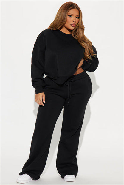 Damen Cropped Sweatshirt Überschnittene Schultern Breiter Saum Grau