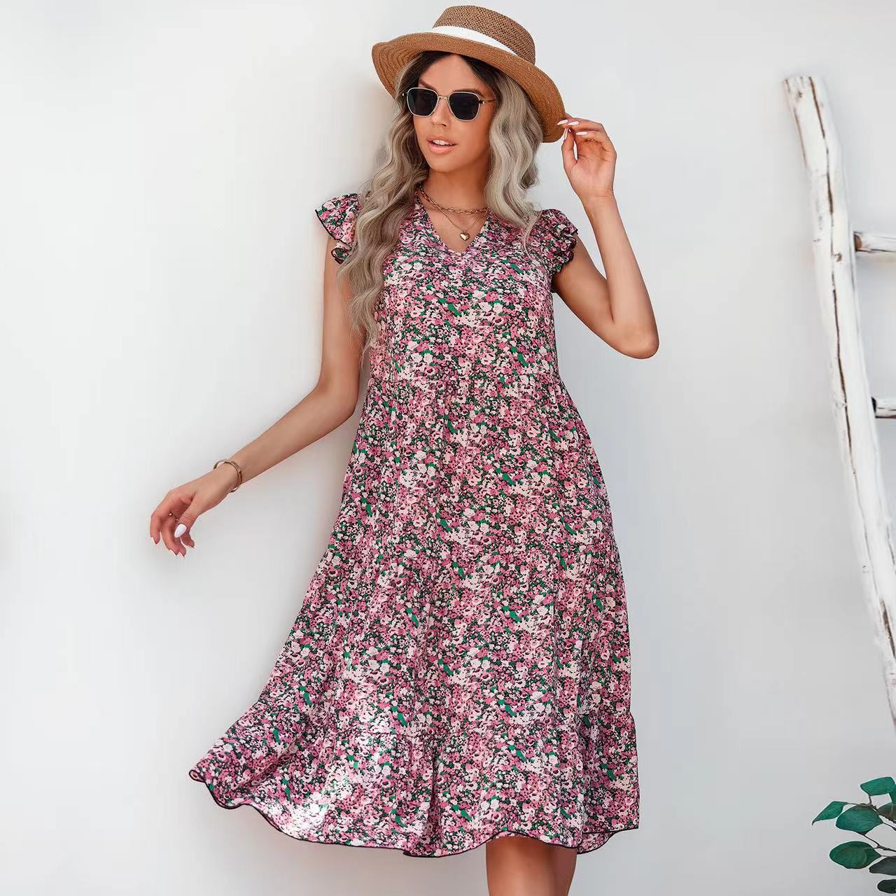 Damen A-Linien Kleid Rüschenärmel Floralmuster Eveloria